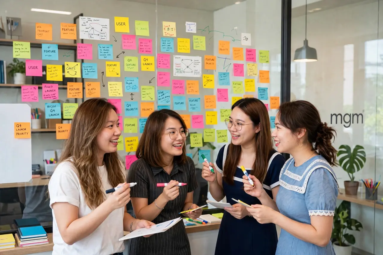 Đồng nghiệp nữ mgm trao đổi ý tưởng bên bảng giấy note