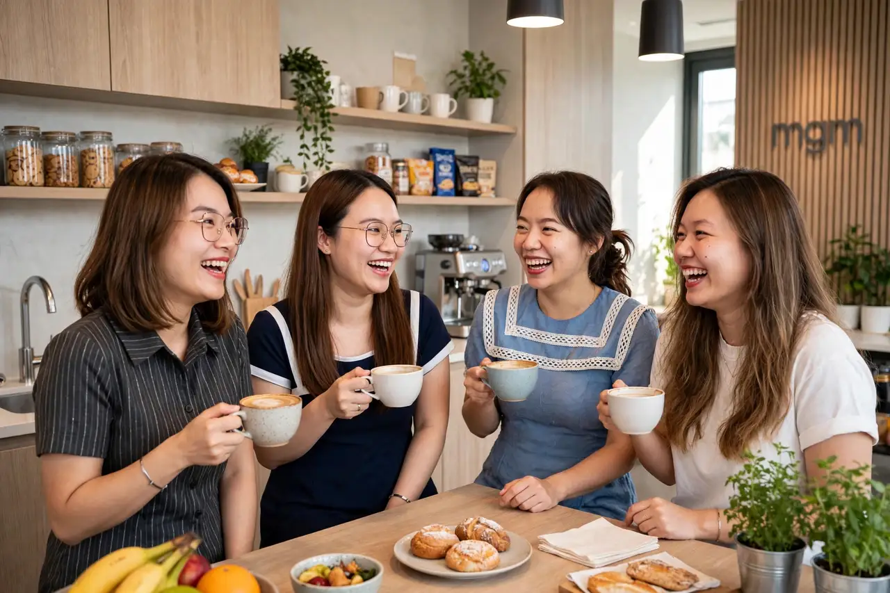 Đồng nghiệp nữ mgm trò chuyện trong giờ cà phê