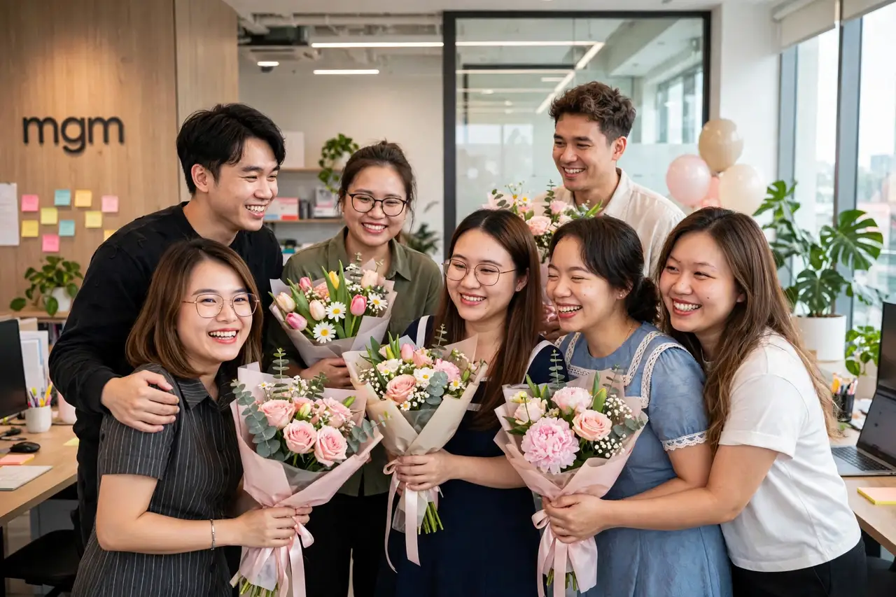 Đồng nghiệp mgm chụp ảnh cùng những bó hoa