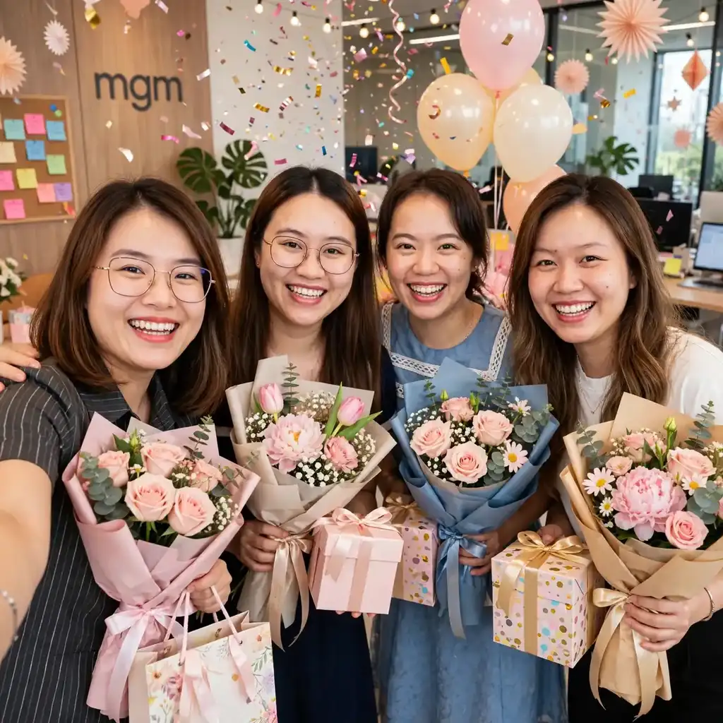 Bốn đồng nghiệp nữ cười vui trong ảnh selfie